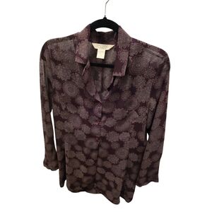 Express Medium Brown Patterned Button-Down Tunic Sheer Shirt